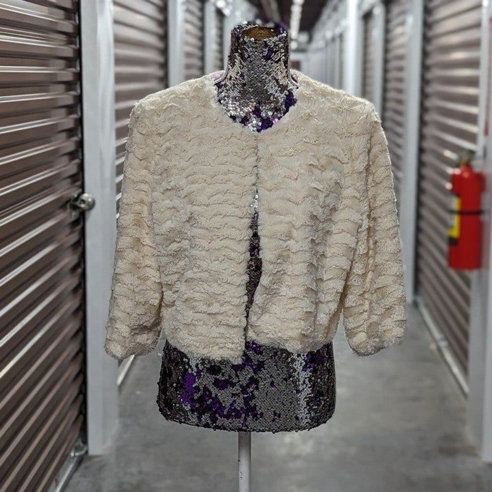 Y2K Mob Wife Faux Fur Cropped Jacket Cream Formal Evening shrug‎ Medium Bolero